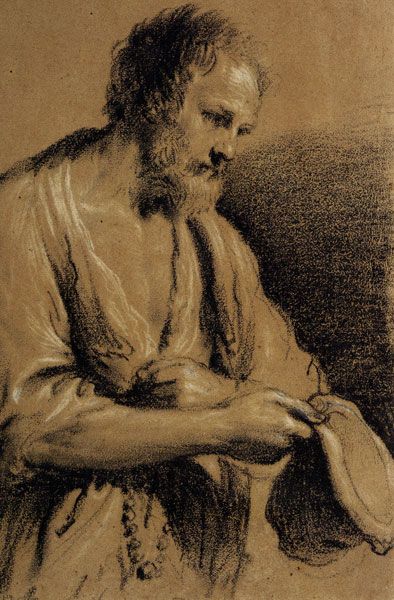 Beggar Holding a Rosary and a Cap by Guercino (Giovanni Francesco Barbieri), ca. 1620, oiled black chalk heightened with white on brown paper, 15? x 10?. The smooth-flowing chalk allowed the artist to work quickly and capture the gesture. The neutral value of the paper let him bring out a few key highlights with some white chalk. Note the texture of the paper showing through in the shaded area on the right. Although chalk is easily smudged, this drawing has survived unscathed for nearly 400 years, which should allay any fears about the medium's archival nature.