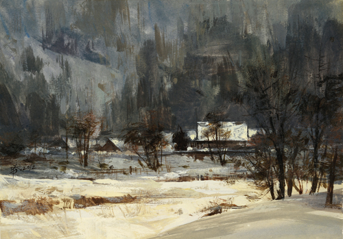 Snow Scene in Shirakawa (watercolor and gouache on illustration paper, 7x10¼) by Chien Chung-Wei |watercolor painting