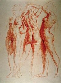 The Three Graces by Jon deMartin, 2002, burnt sienna and white Nupastel drawing