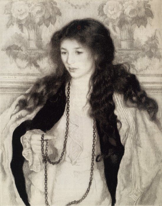 The drama of this charcoal and pencil drawing, Floretta, by Lilian Wescott Hale is in the bold contrast of value of the figure's skin, dress, and hair. 