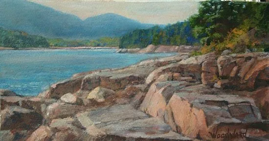Otter Point, Acadia by Lori Woodward, acrylic on paper, 7 x 13.5.