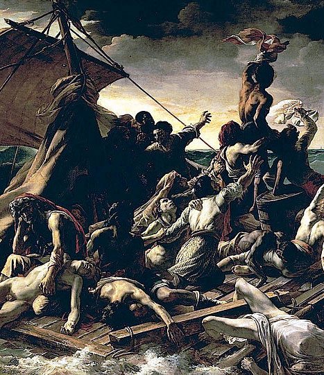 The Raft of the Medusa by Theodore Gericault, oil on canvas, 1819: An emblem of French Romanticism, this incredibly large fine art oil painting is based on the horrific aftermath of an 1816 shipwreck and also serves as an example of how complex a composition can be--two overlapping pyramids direct the viewer's eye in, around, and through the work. (Above, a detail of the work.)