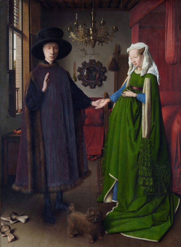 The Arnolfini Wedding Portrait by Jan Van Eyck, oil on panel, 1434: The vivid colors in this work are an incredible celebration of what oil painting can do, and the multiple associations and meanings of objects in the work--from the mirror, dog, candle, and cherries on the window sill to the figures' joined hands--give rich symbolism and multiple interpretations to the work.