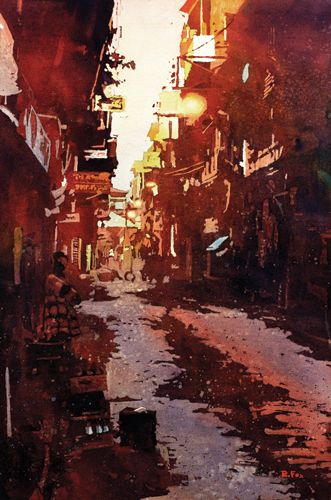Walk Down the Street Kathmandu (watercolor on paper, 22x15) by Ryan Fox | up-and-coming artists