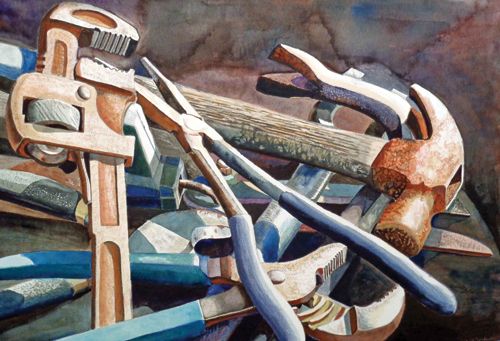 Corroded Tools (watercolor on paper, 15x22) by Bonnie L. Catron | up-and-coming artists