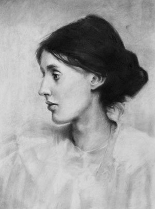 Virginia Wolfe by Jeremy Mann, charcoal profile portrait drawing on paper, 18 x 24.