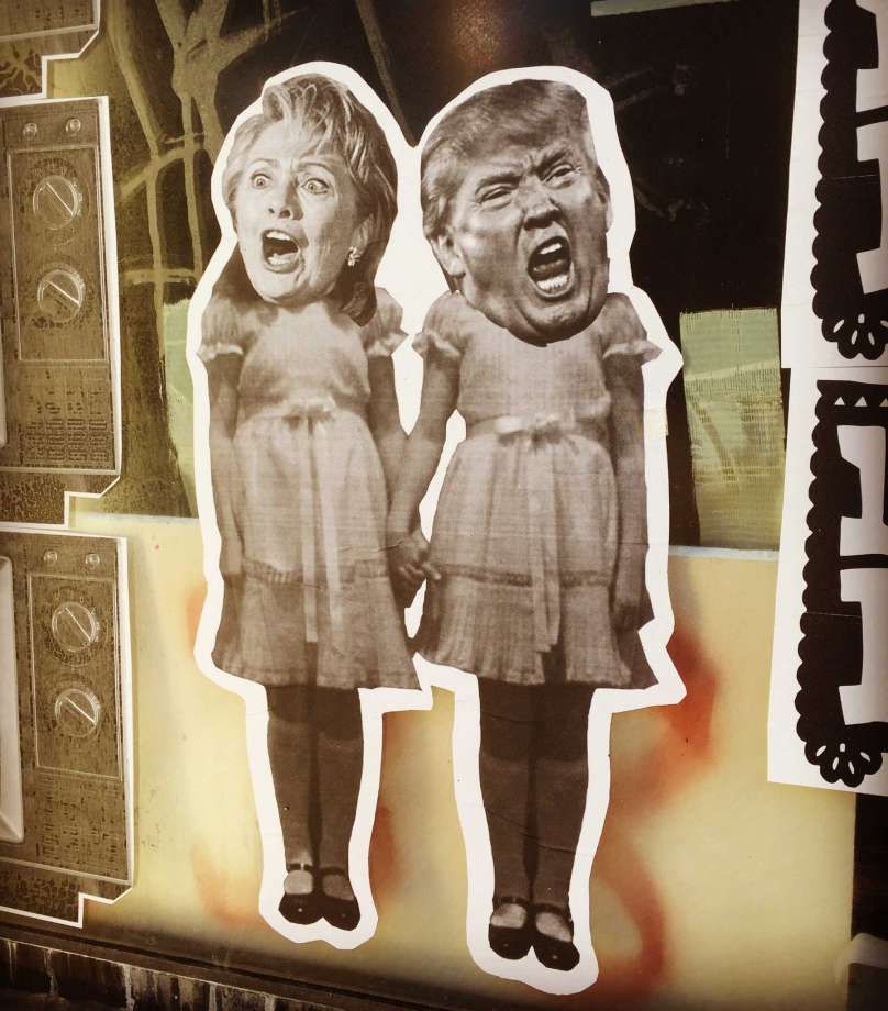 Political art: Hillary Clinton and Donald Trump in street art as twins from the Shining.