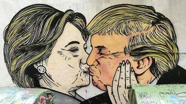 Political art: Street art of Trump kissing Hillary