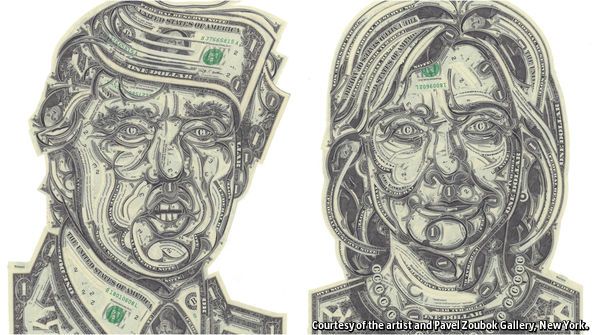Political art: currency collage by Mark Wagner of Hillary Clinton and Donald Trump.