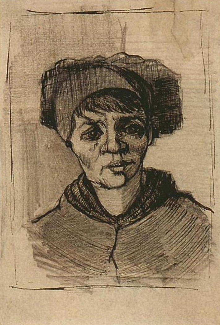 Head of a Woman by Vincent Van Gogh, portrait drawing with pencil and ink on paper, 1884-85.