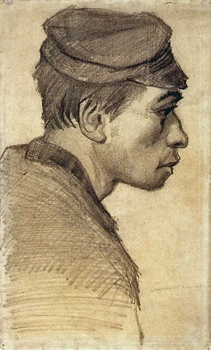Head of a Young Man by Vincent Van Gogh, portrait drawing, 1884-85.