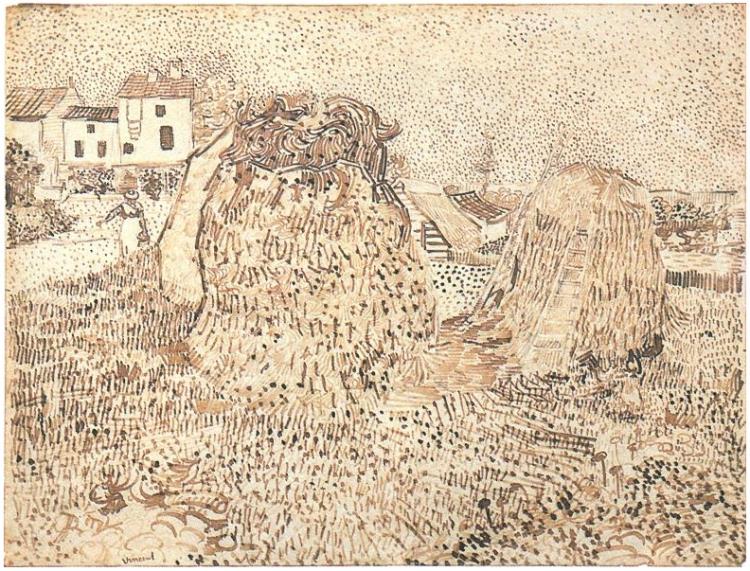 Haystacks Near a Farm by Vincent Van Gogh, drawing