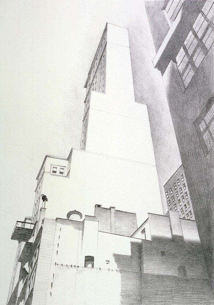 draw anything accurately: Delmonico Building by Charles Sheeler, 1926, lithograph drawing. Adapted from an article by M. Stephen Doherty.