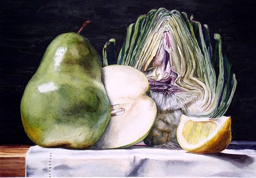 Fruit and Artichoke Half by Laurin McCracken, watercolor painting.