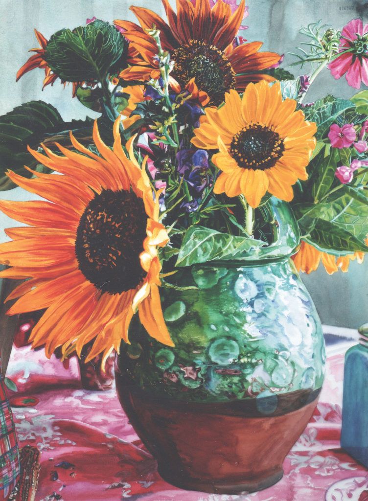 Green Dot Jug With Sunflowers/Maine by Carolyn Brady | 25 watermedia paintings by 25 top artists