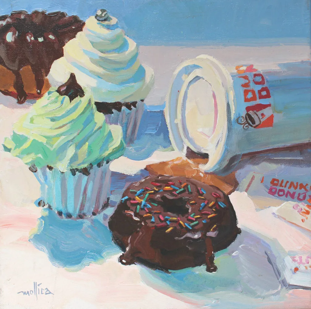 Dunkin' Donuts by Patti Mollica, acrylic on canvas; example of split complementary color scheme | How to Choose Color Schemes