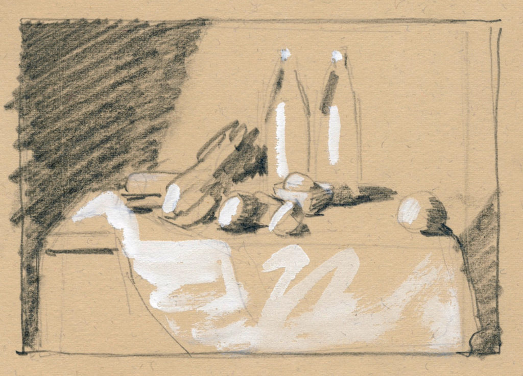 Thumbnail sketch of still life composition on buff paper | Artists Magazine