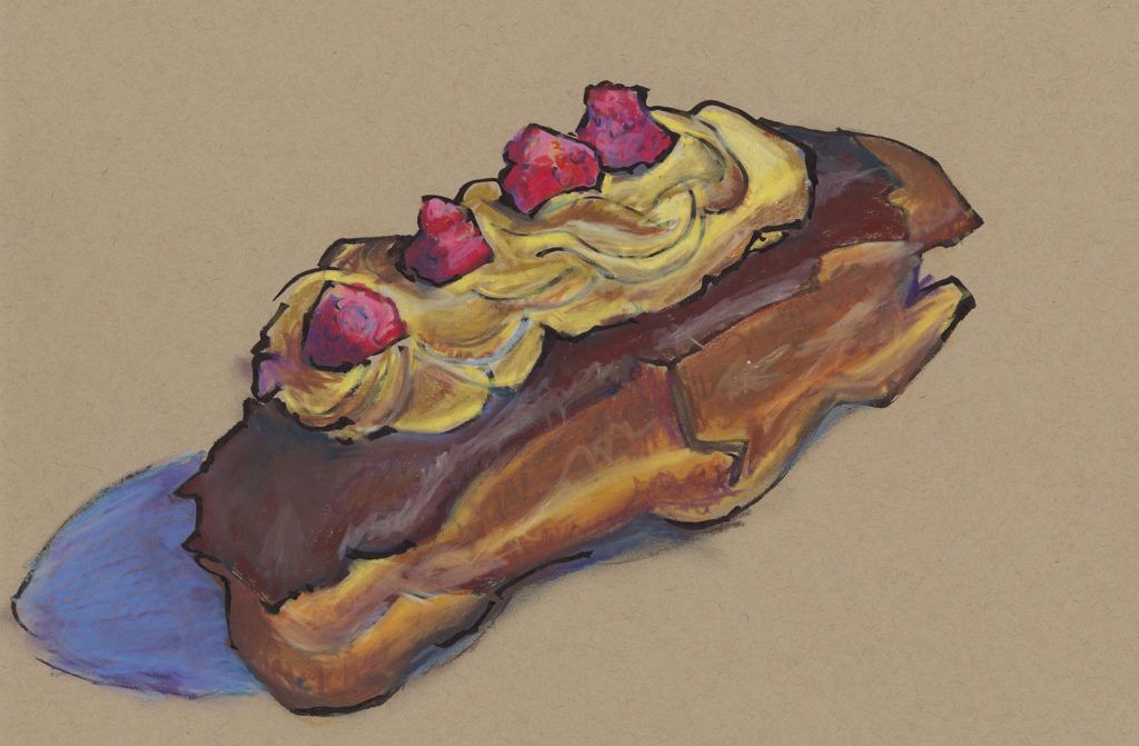 Art Sketches from Donuts: A quick brush pen and Caran d’Ache Neocolor II (water soluble crayons, here used drily) sketch of a raspberry topped long-john donut on Strathmore 400 series Toned Mixed Media paper.