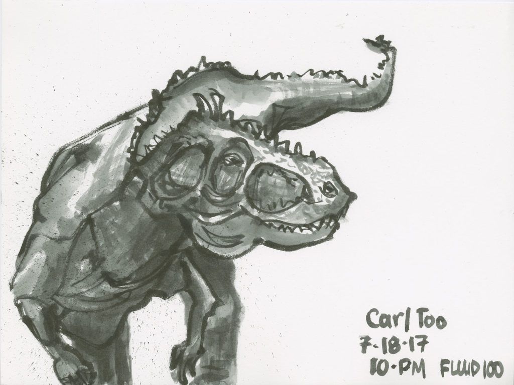 Art Sketches from Donuts: If you want to improve your ability to draw live moving subjects in realistic replica toys make excellent models. Here I worked on values of ink washes as well as angles and proportions as I sketched Carl Too—a Giganotosaurus who is about 10 inches tall. I worked with water-soluble ink on Fluid 100 Watercolor Paper.