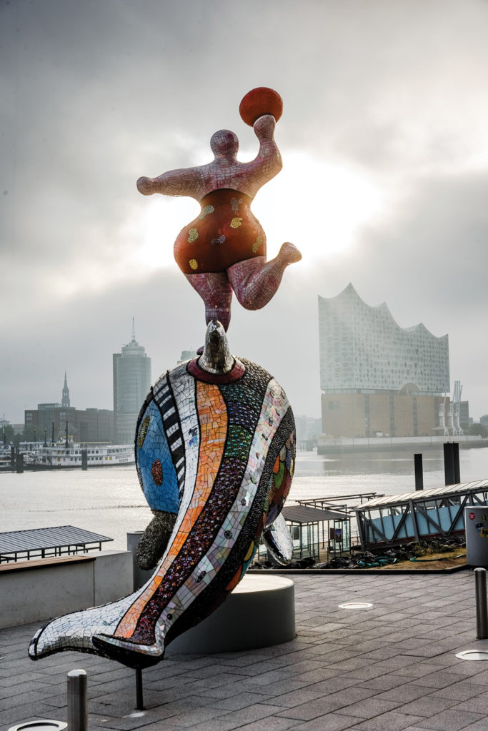 Nana on a Dolphin, by Niki de Saint Phalle (1930–2002), on display on the bank of the Elbe River in Hamburg, Germany