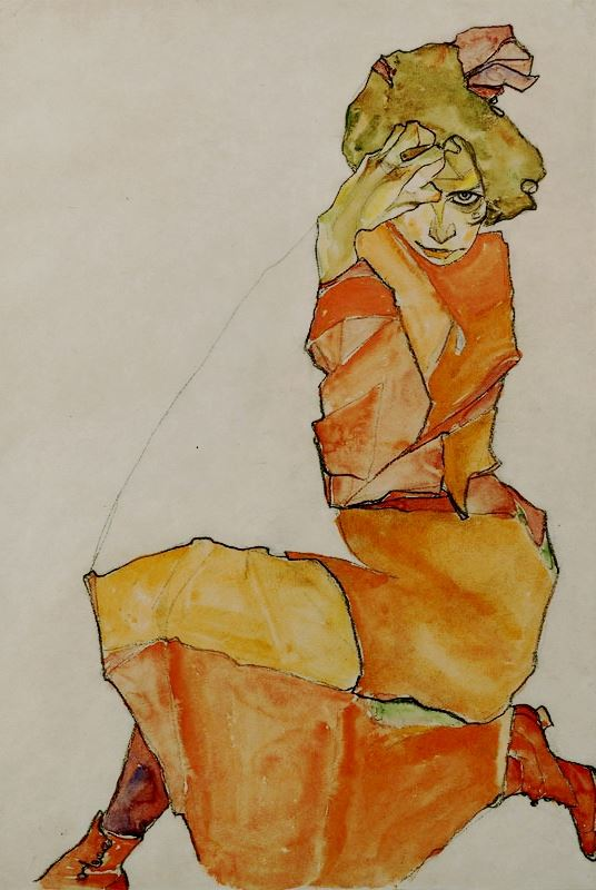 Kneeling Female in Orange Dress by Egon Schiele