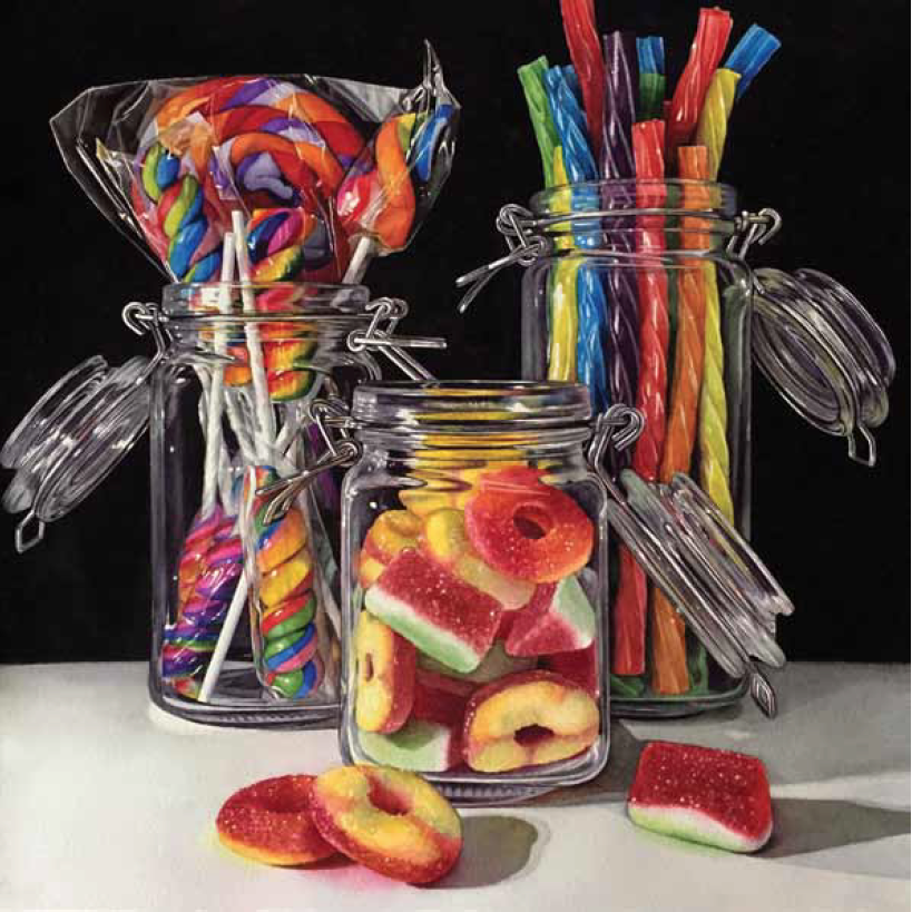 Judy Nunno realistic watercolor still life of candy in jars