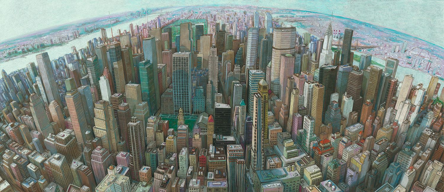 Midtown (2012; oil pastel on hardboard, 40x94) by Anthony Calandra