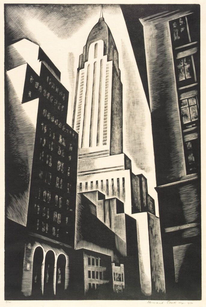 Edificio Chrysler, en construcción (1930; grabado en madera sobre papel 15x11,5) por Howard Cook Cortesía del Museo Smithsonian de Arte Americano