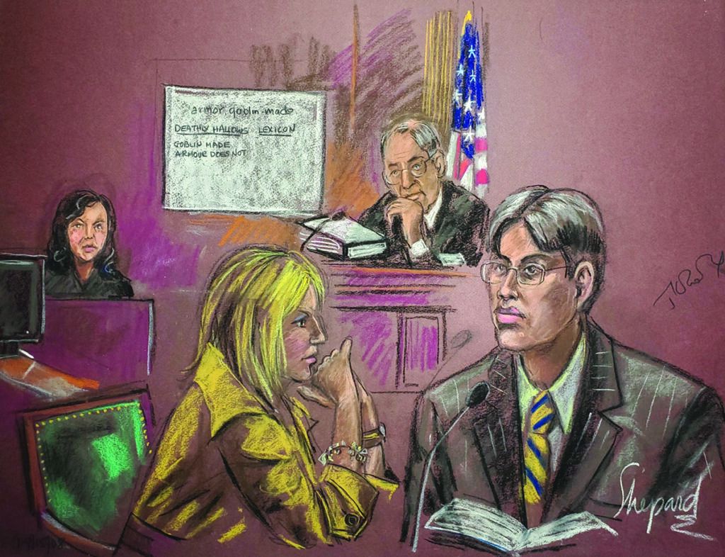 La ilustración de los Shepard de la autora de Harry Potter, JK Rowling, en un tribunal federal de la ciudad de Nueva York.