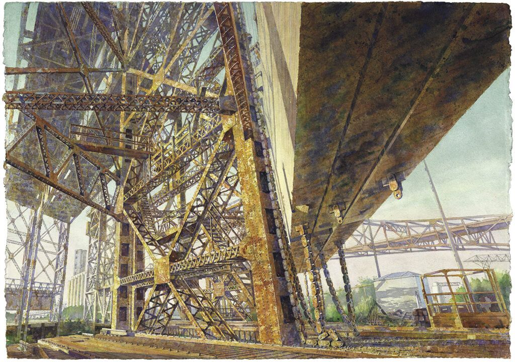 Puente elevador vertical del río Calumet (2022; acuarela sobre papel Arches prensado en frío de 300 libras, 75x104) de Peter V. Jablokow