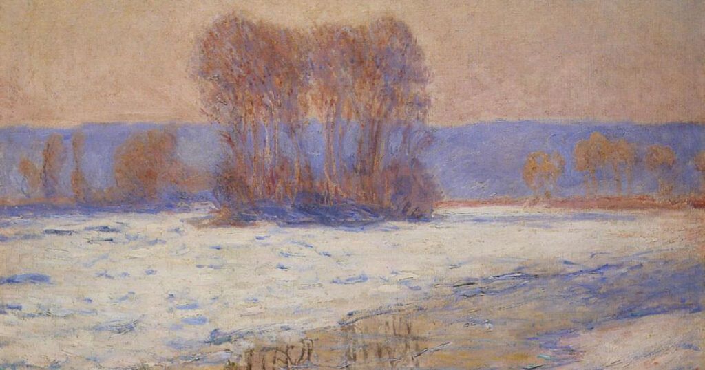 The Seine at Bennecourt, Winter (1893; oil on canvas) by Claude Monet. Private Collection