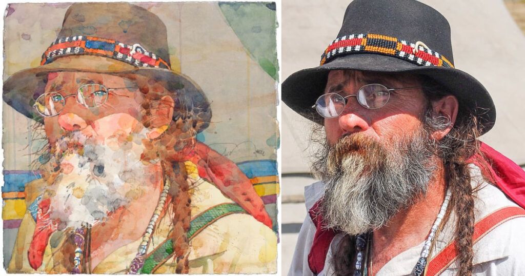 Left: Comes the Tender Light (watercolor on paper, 13x13), Ted Nuttall; Right: Reference photo