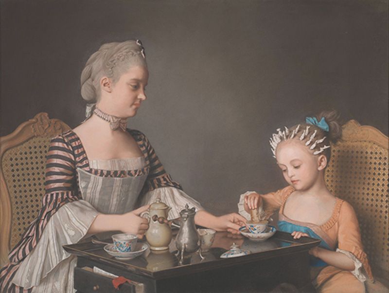 The Lavergne Family Breakfast (1754; pastel on paper mounted to canvas, 31.5x41.75) by Jean-Etienne Liotard