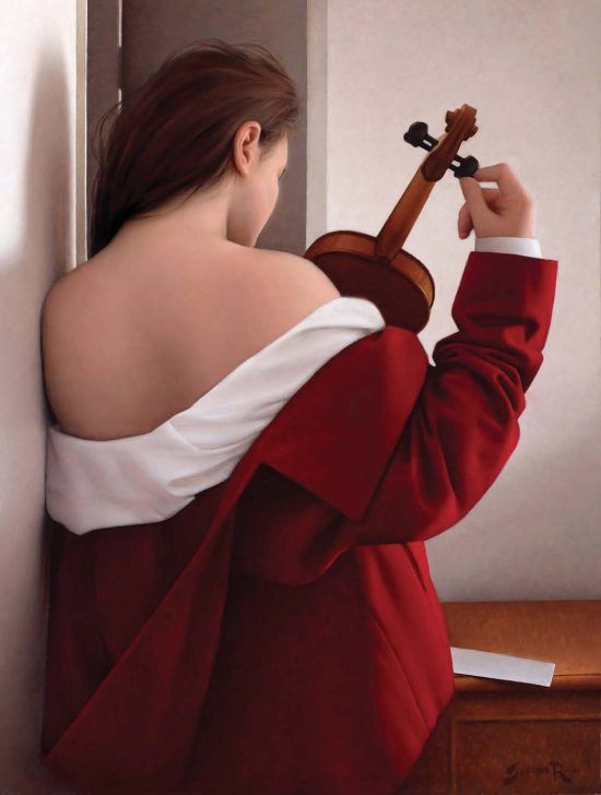Gustavo Ramos: Woman Tuning a Violin (oil on panel, 24x18)